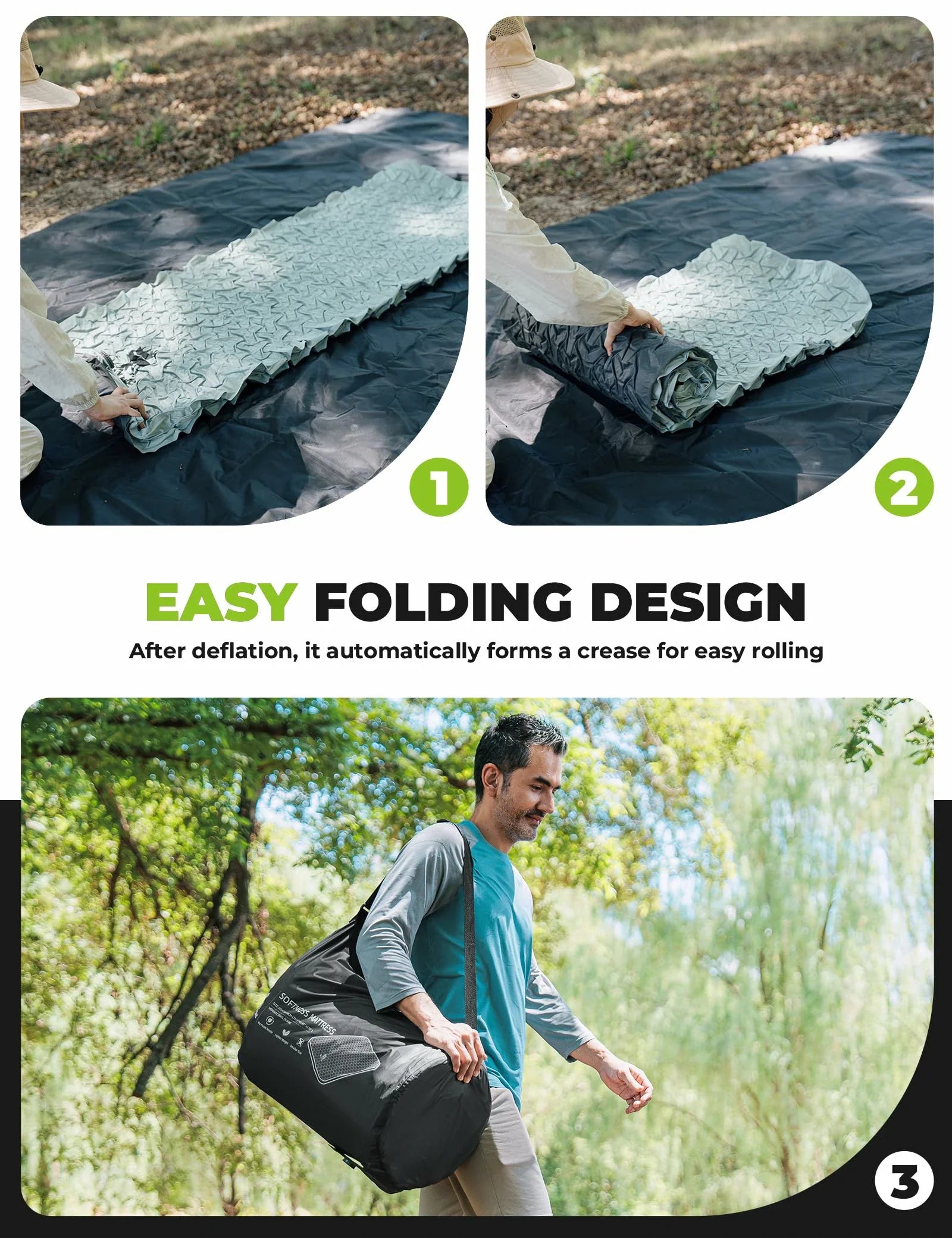 Collage showing an easy folding design of a mat and a person carrying a bag outdoors.