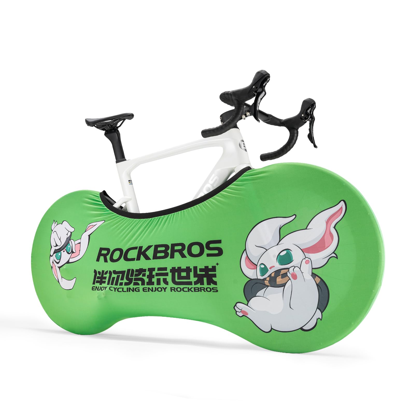 Green bike Cover with cartoon character and 'RockBros' branding on a white background #Color_Green Rabbit