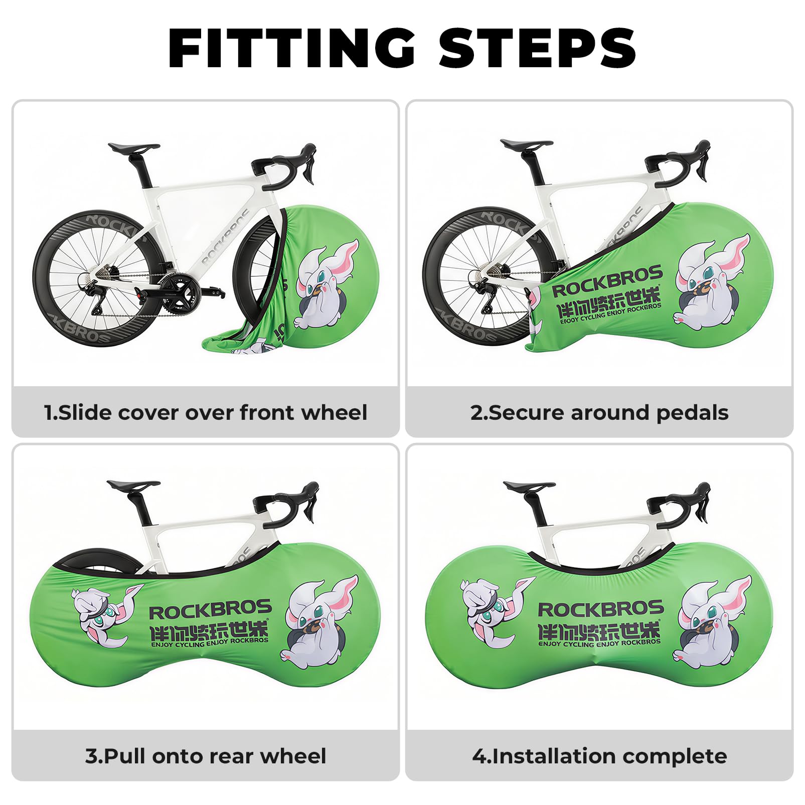 Step-by-step guide on how to fit a green bike wheel cover with cartoon character, branded 'RockBros'. #Color_Green Rabbit