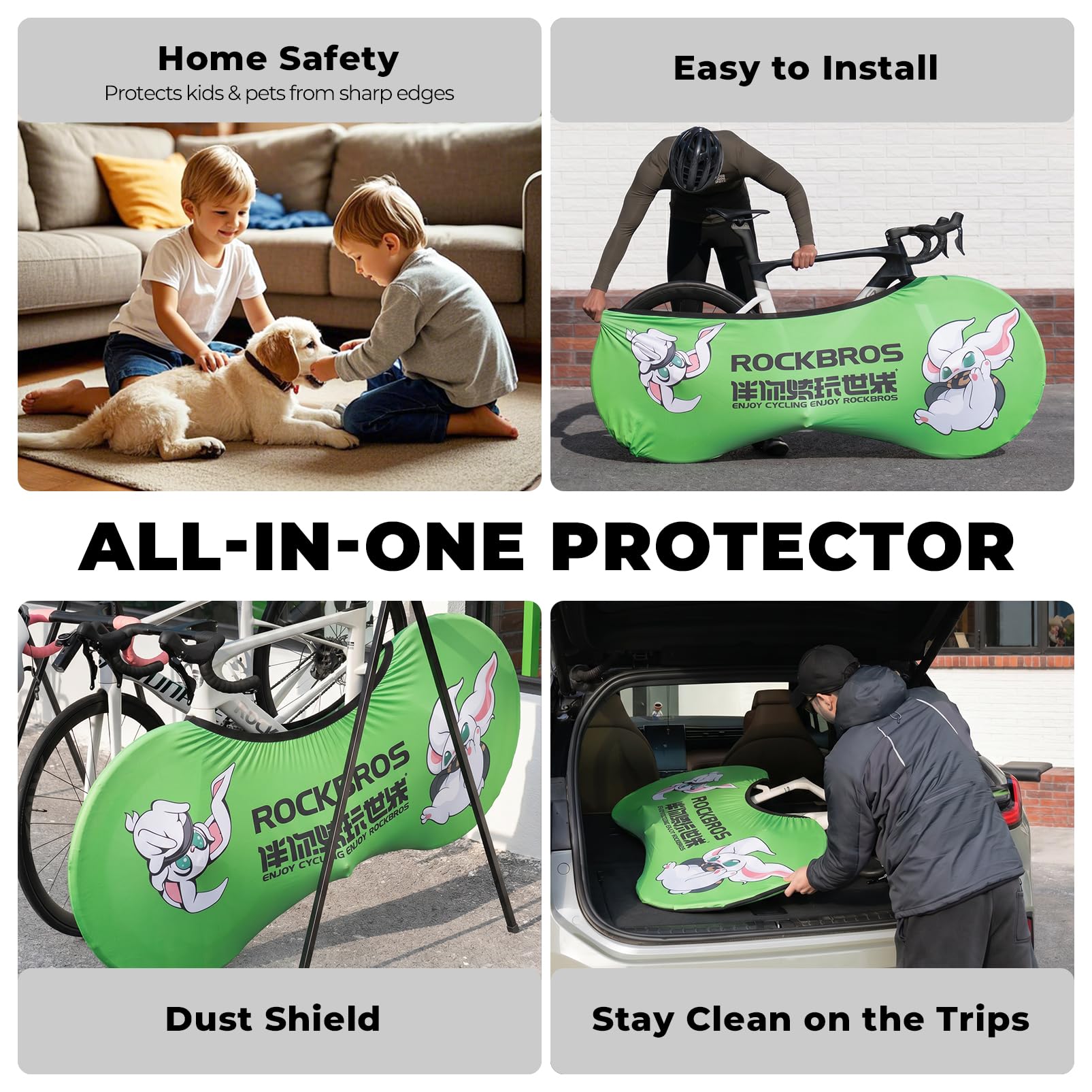 Collage of a green all-in-one protector being used in various settings with text highlighting its features. #Color_Green Rabbit