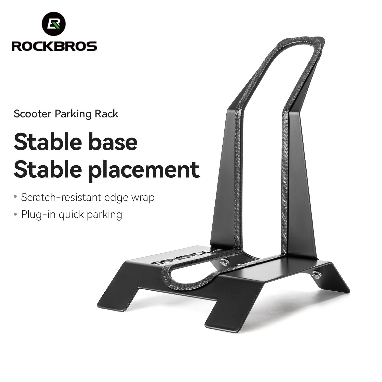Black scooter parking rack with RockBros branding on a white background
