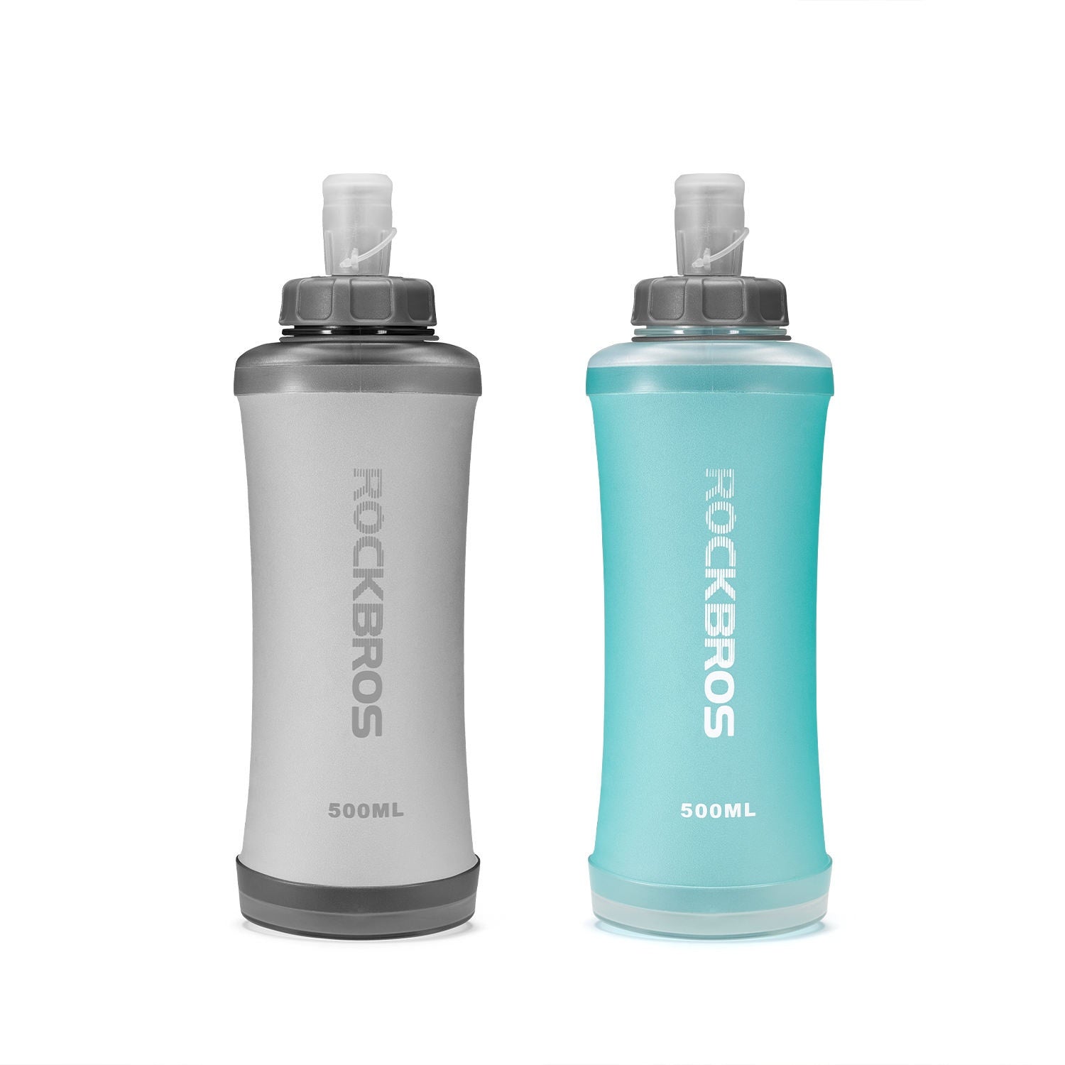 Two flexible water bottles, one gray and one blue, with 'RockBros' branding on a white background.