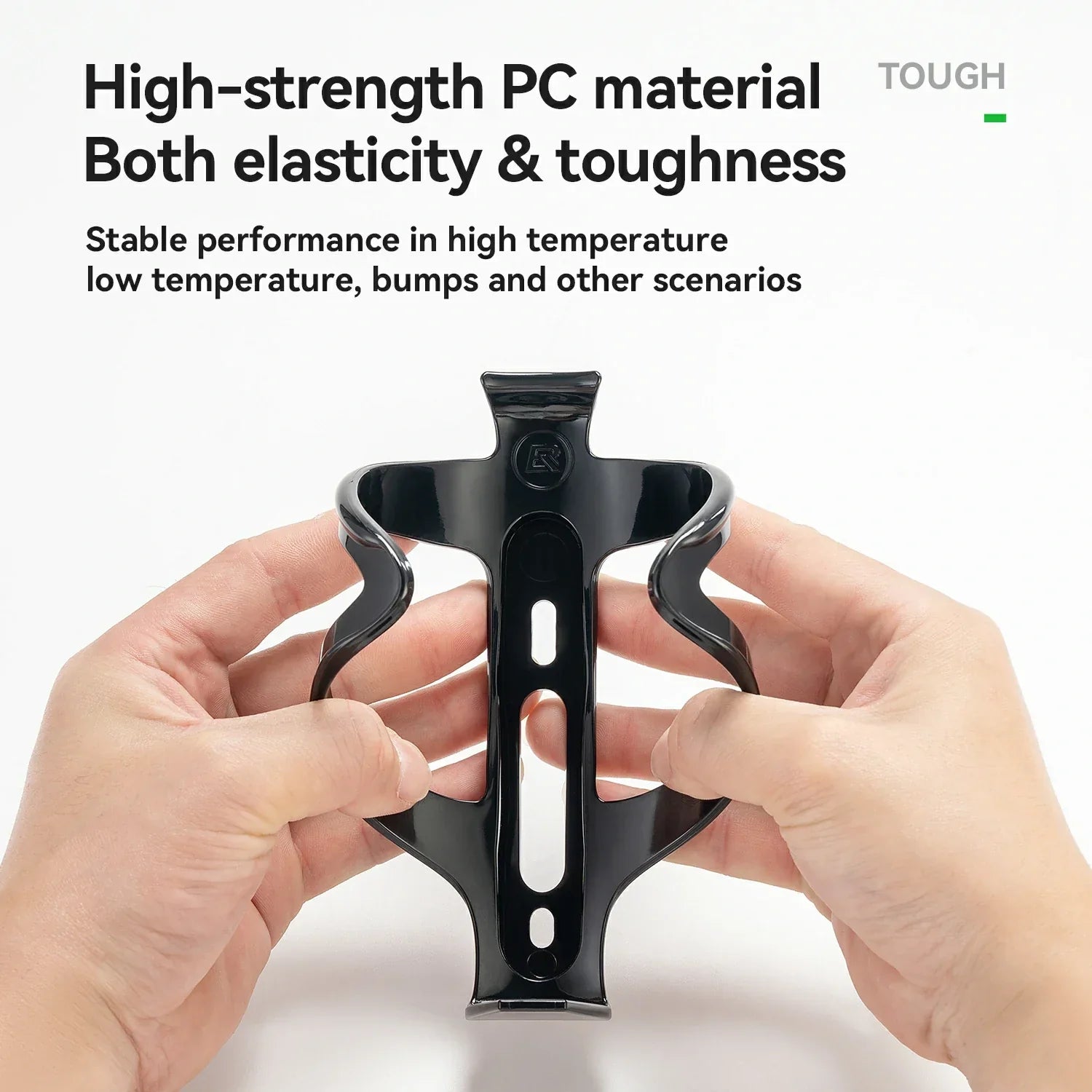 Black bottle holder being held by hands with text about high-strength PC material and stability.