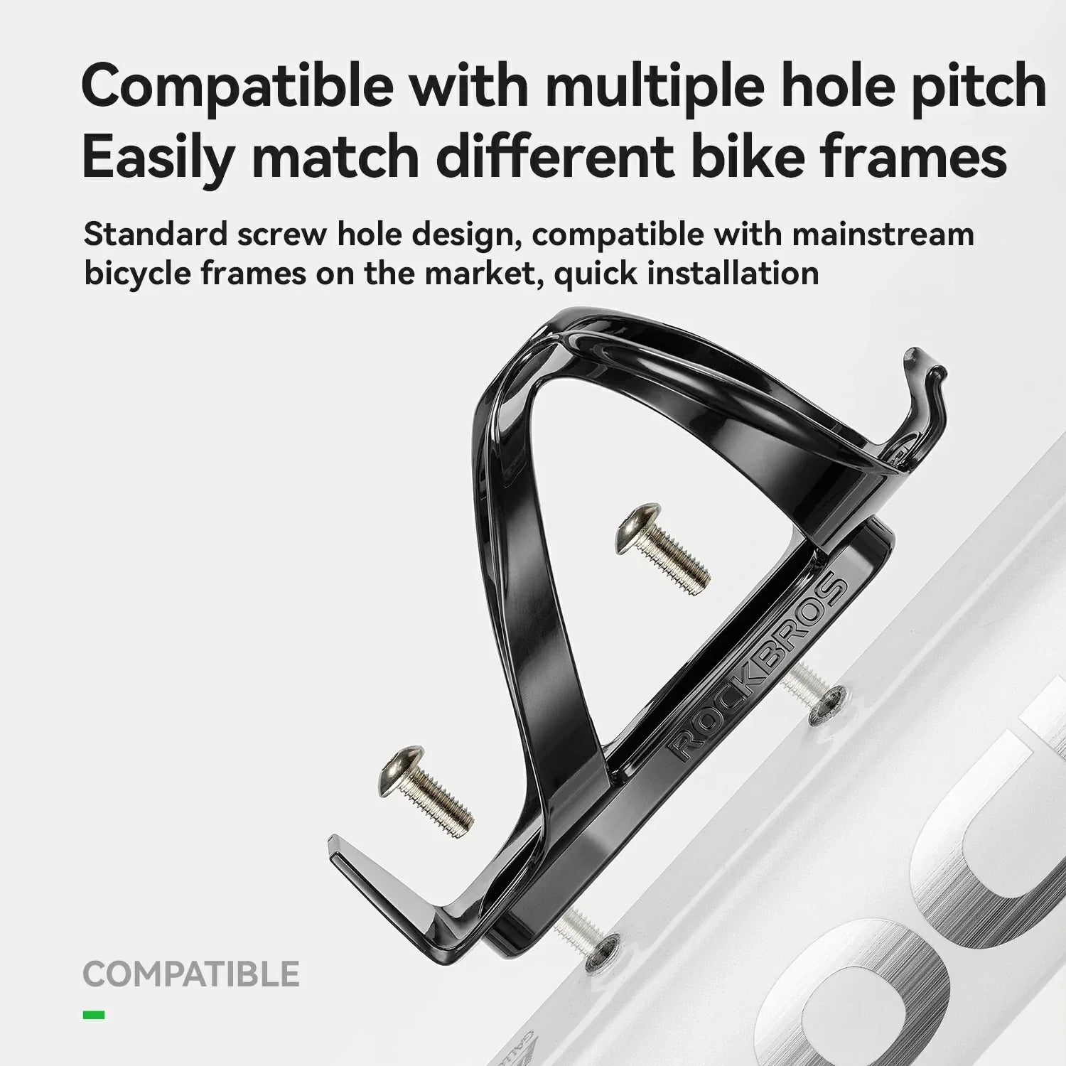 Black bicycle bottle holder with text on compatibility and installation.