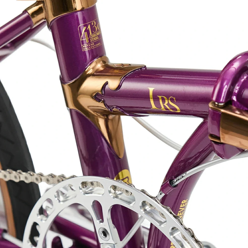 Close-up of a purple bicycle frame with gold accents and 'LRS' branding. #Color_Purple