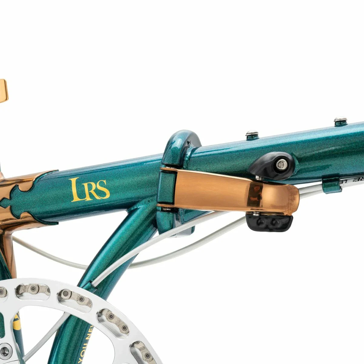 Close-up of a teal bicycle frame with gold accents and 'LRS' branding on a white background. #Color_Green