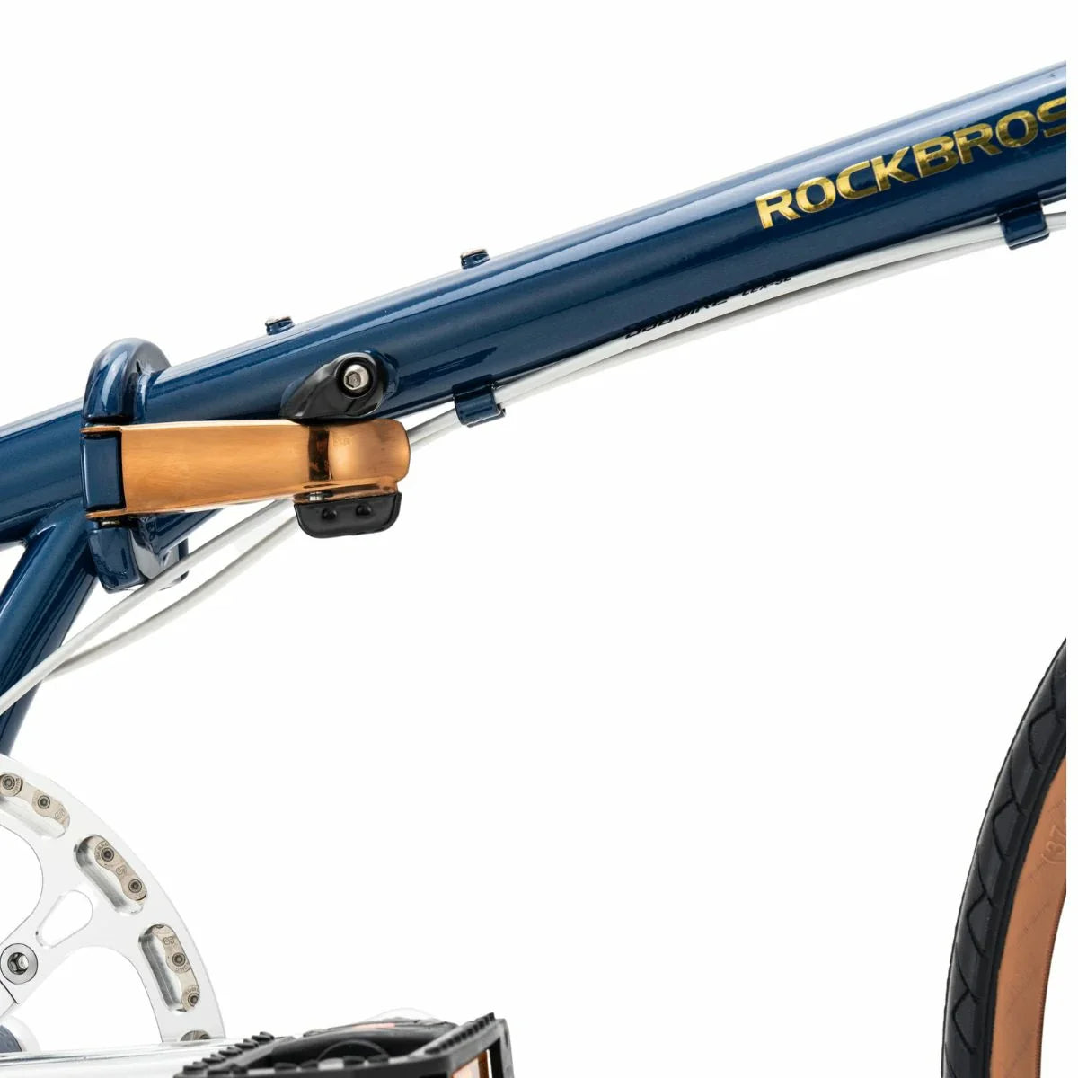 Close-up of a bicycle frame with 'RockBros' branding on a white background #Color_Blue