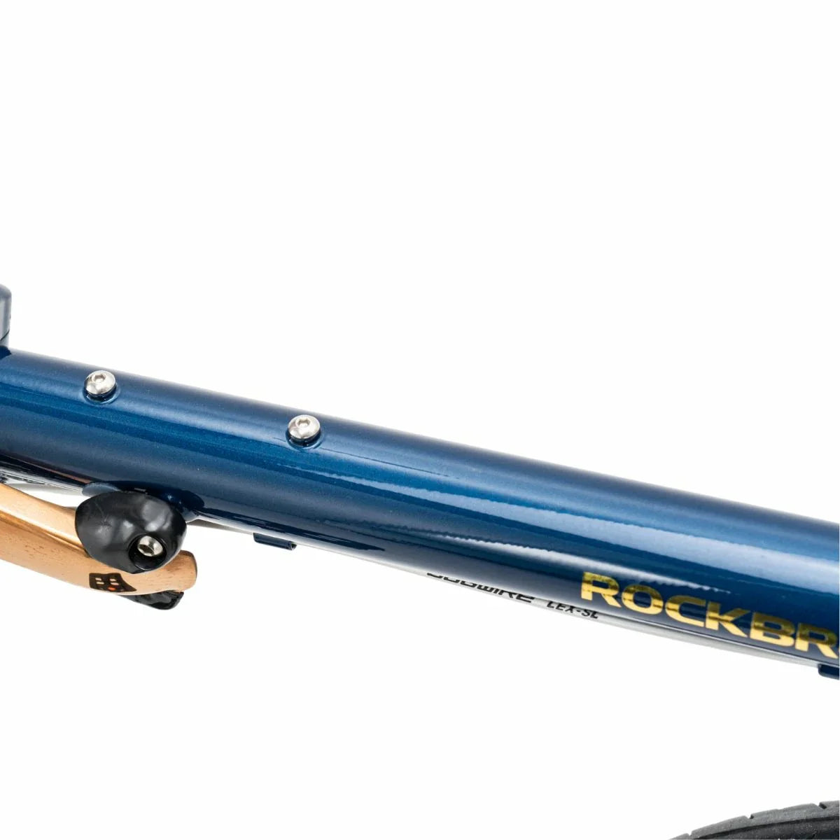 Close-up of a blue bicycle frame with 'RockBr' branding on a white background #Color_Blue