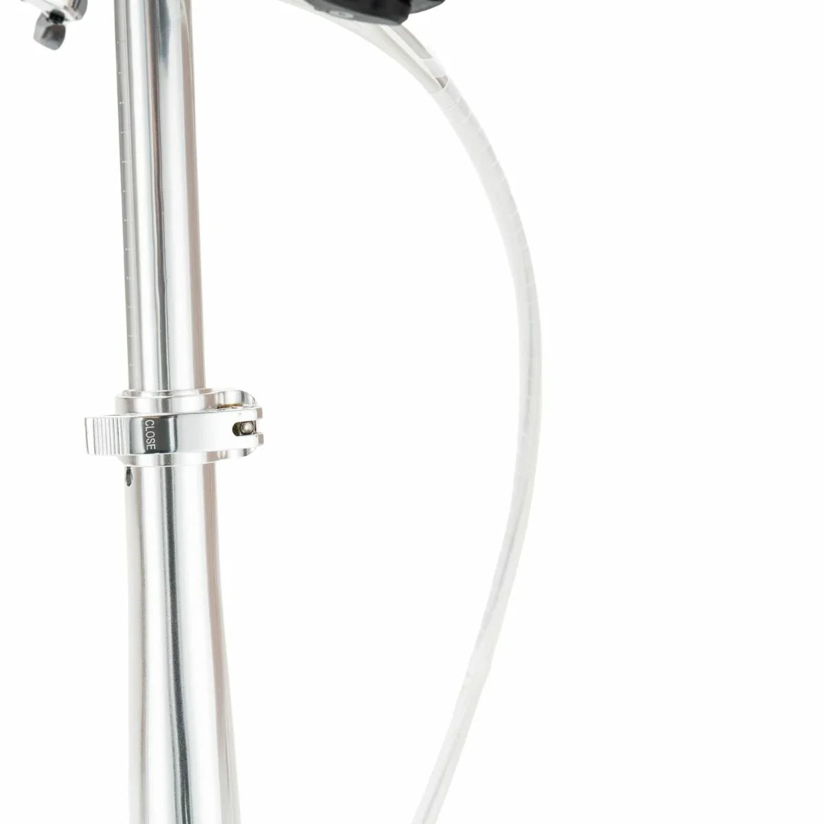 Chrome shower head with flexible hose on a white background
