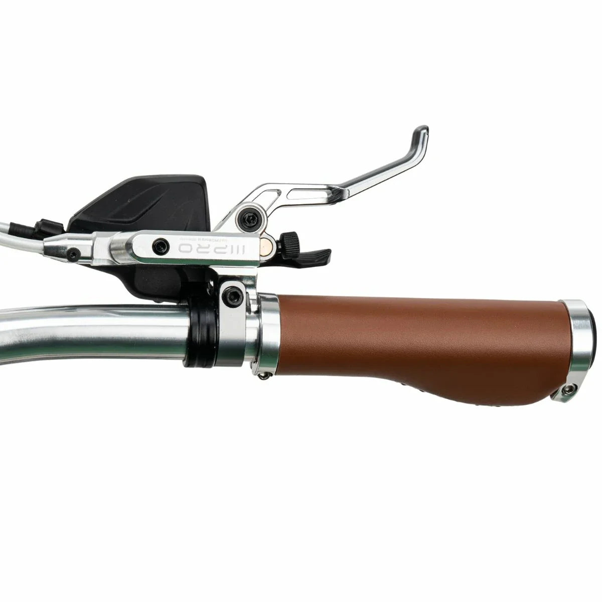 Close-up of a bicycle handlebar with brown grips and silver brake lever on a white background