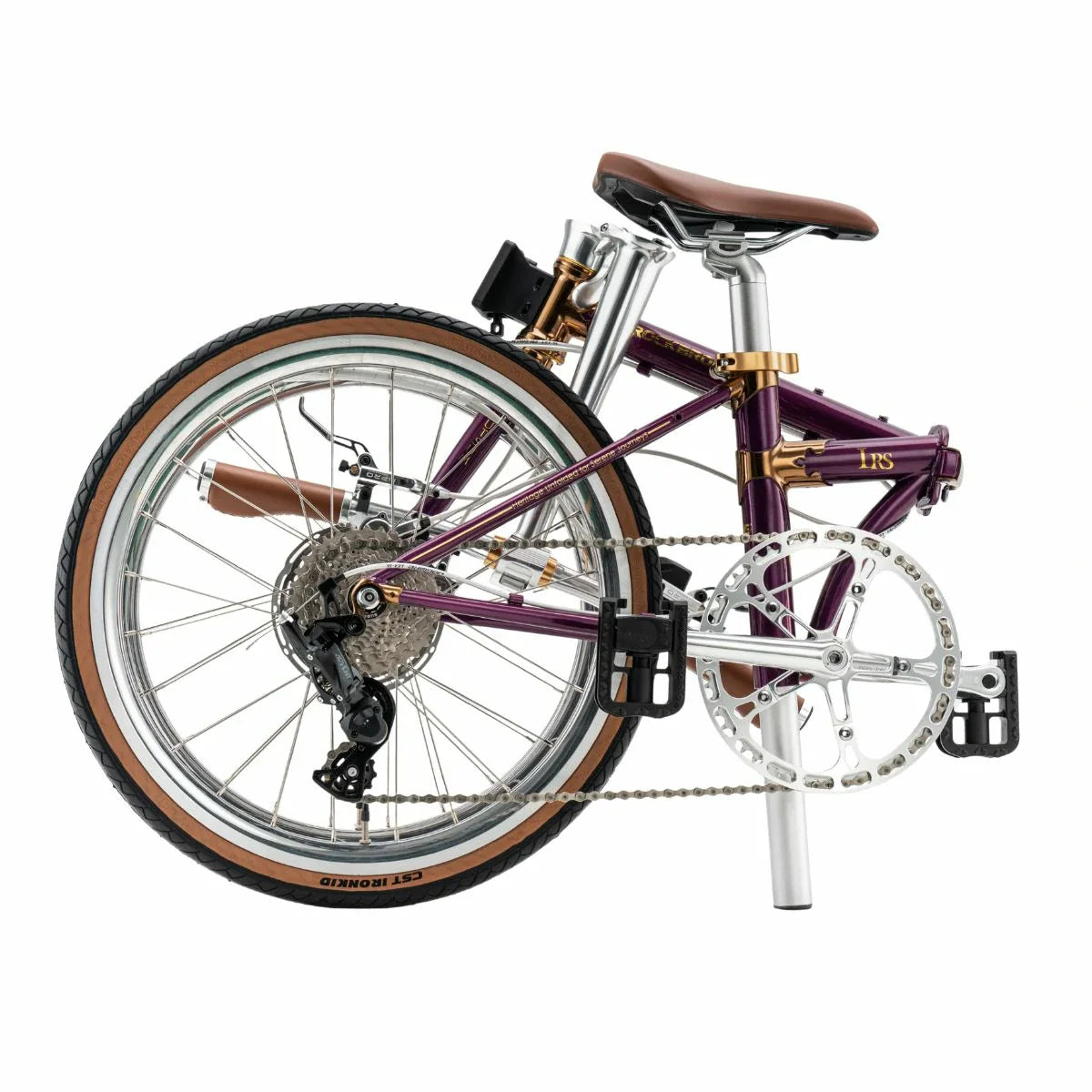 Foldable bicycle with purple frame and brown seat on a white background #Color_Purple