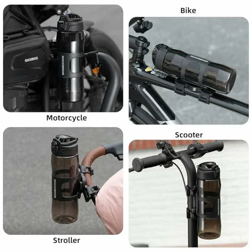 Bottle holder on various vehicles including a motorcycle, bike, scooter, and stroller.