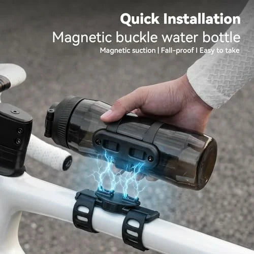 Magnetic buckle water bottle being held by a hand with text about quick installation and features.