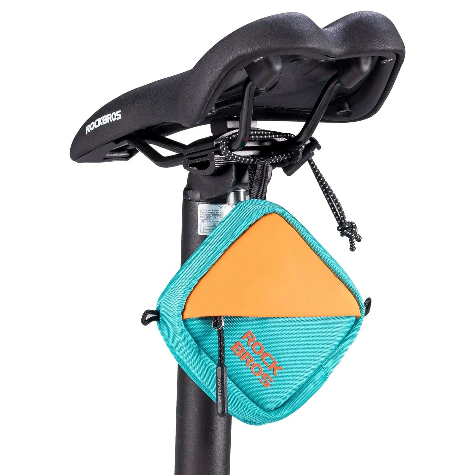 Bicycle seat with a teal and orange tool pouch attached on a white background