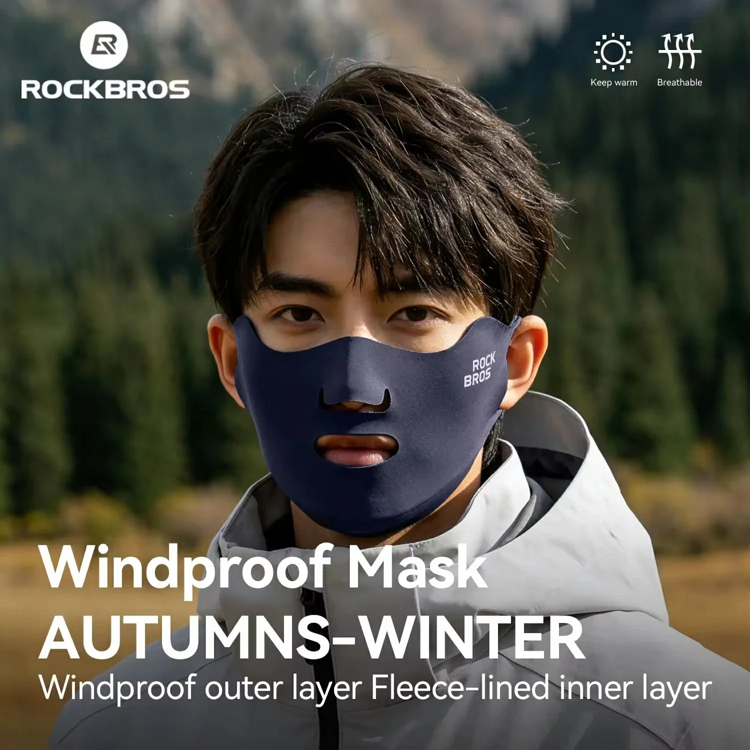 Person wearing a windproof mask with a mountainous background, featuring the brand 'RockBros'.