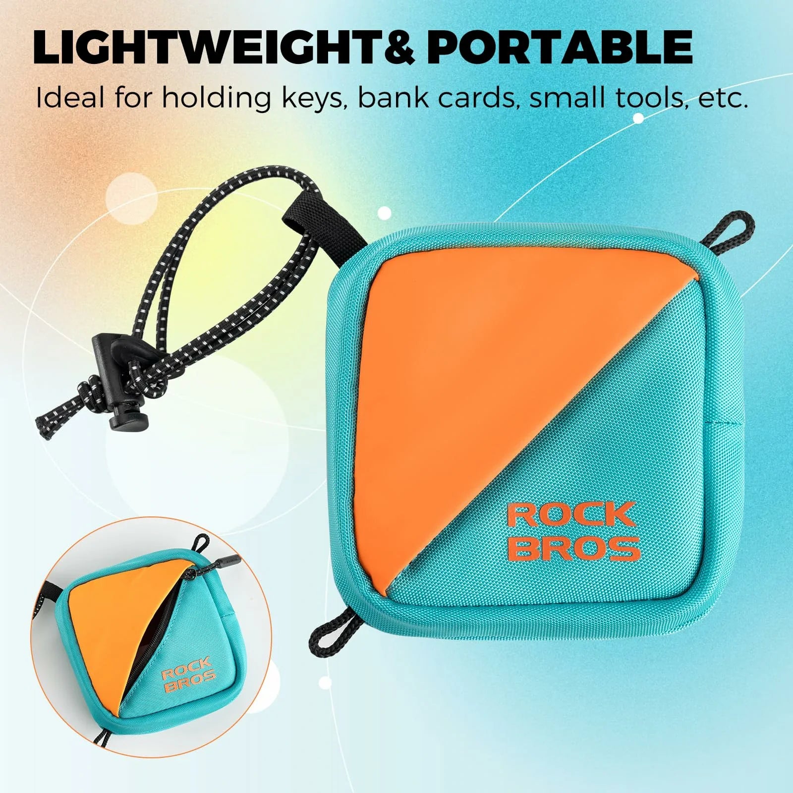 Blue and orange pouch with 'RockBros' branding on a gradient background