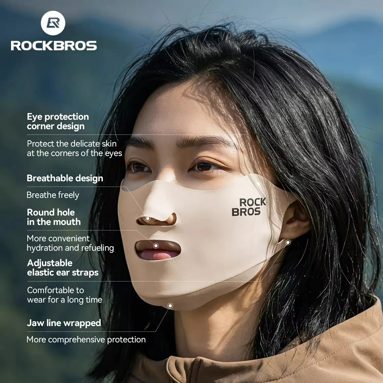Person wearing a ROCKBROS face mask with product features listed on a blurred mountain background