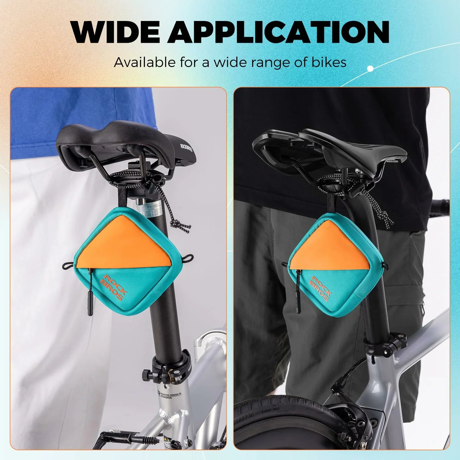 Bicycle seat bag with wide application text on a blue background