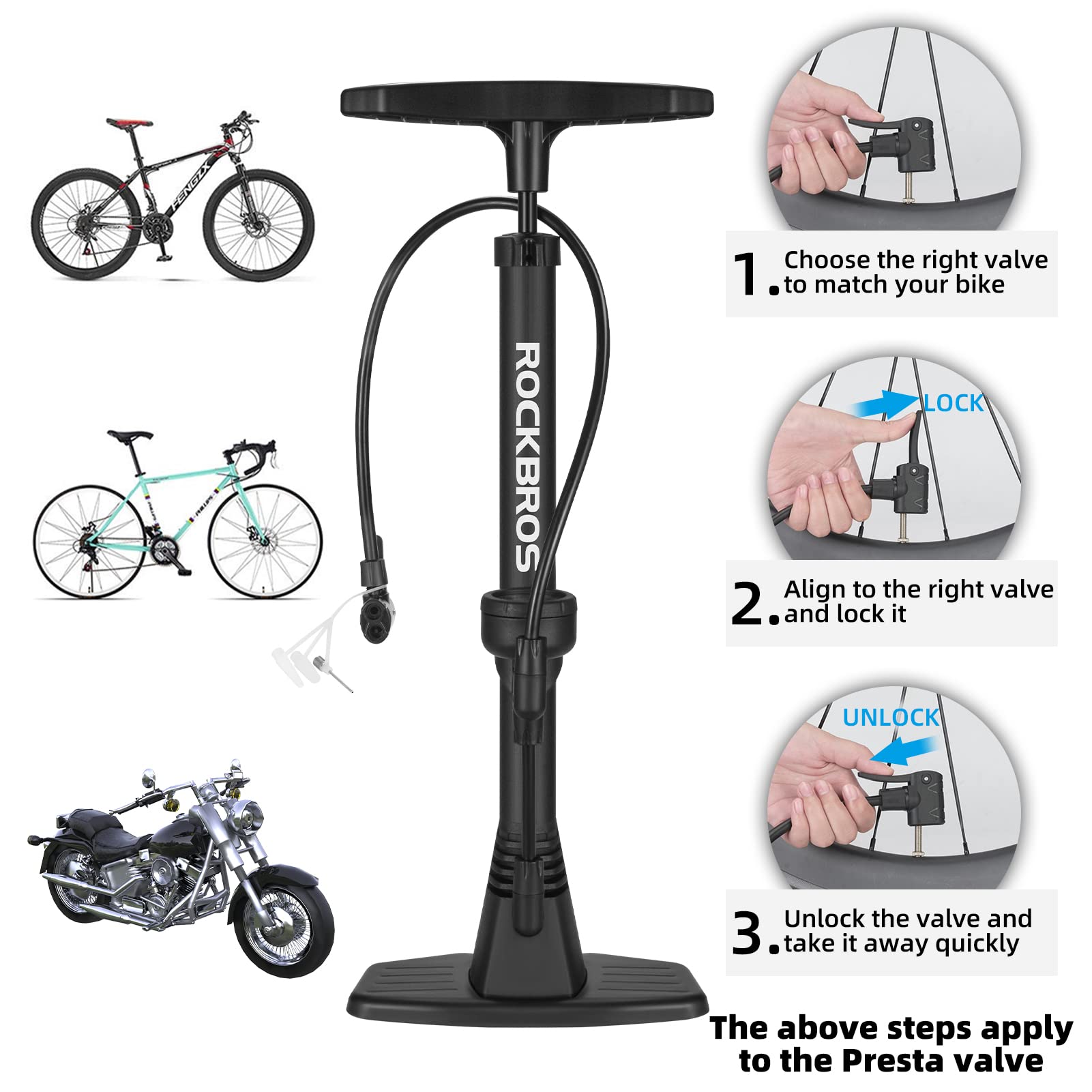 Bicycle tire pump with stable base and easy-read pressure gauge