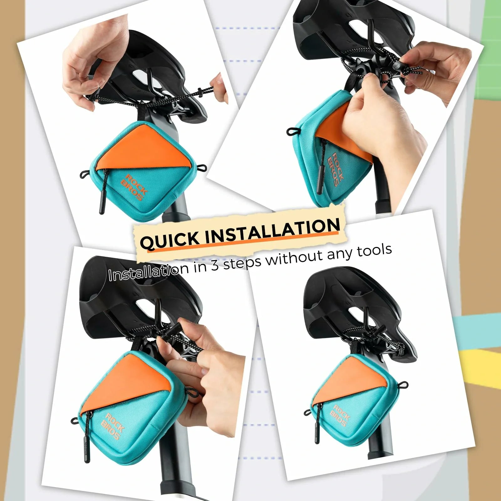 Step-by-step installation process of a teal and orange bike seat bag on a white background.