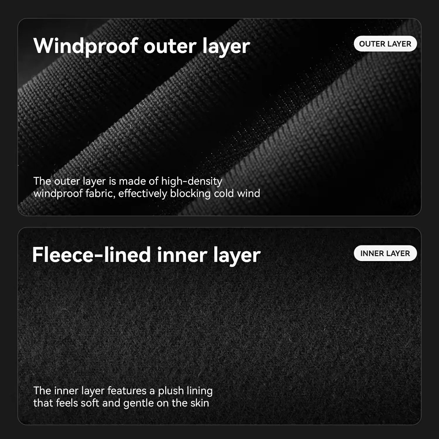 Two layers of clothing with text describing windproof outer layer and fleece-lined inner layer.