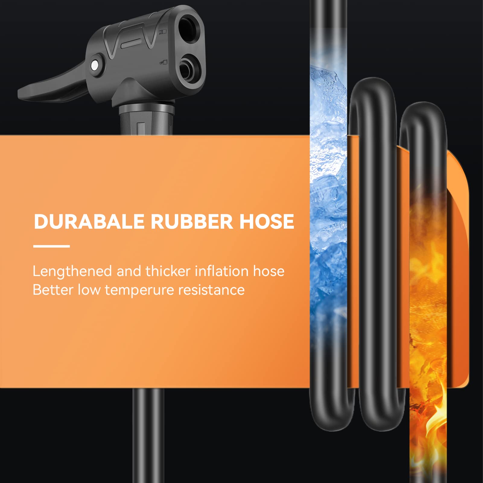 Lightweight bike pump with long hose for efficient tire inflation