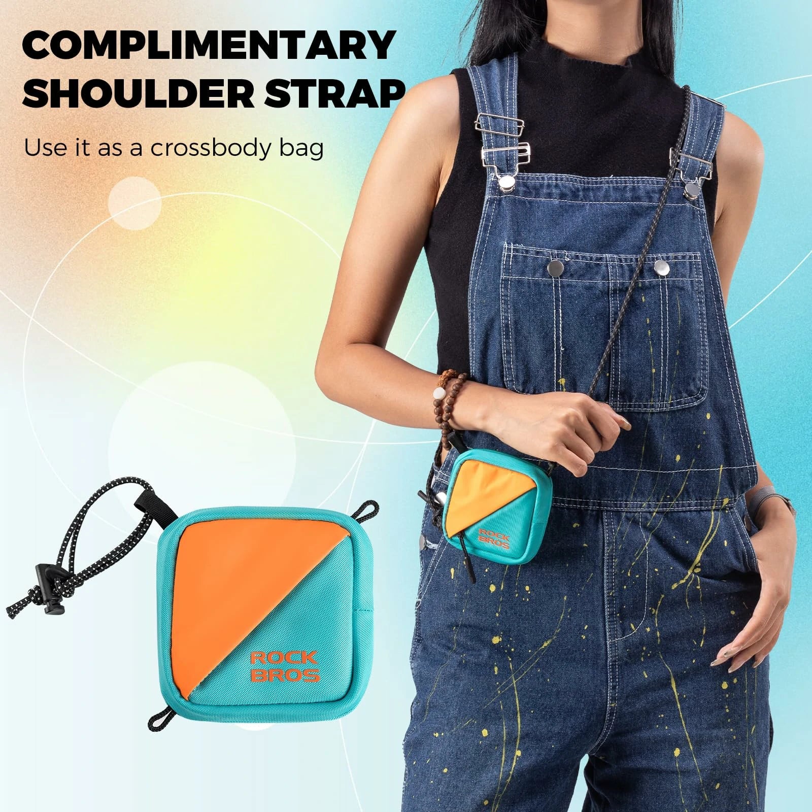 Person wearing a blue and orange crossbody bag with 'ROXX BROS' branding on a gradient background.