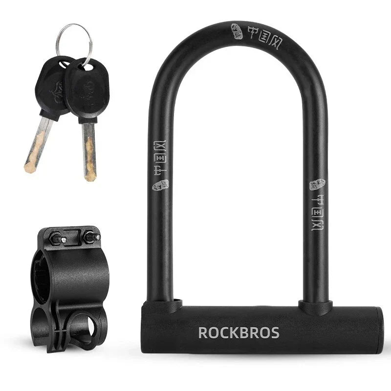 Black U-shaped bike lock with keys and mounting bracket on a white background, featuring the brand 'RockBros'. #Color_Only Lock