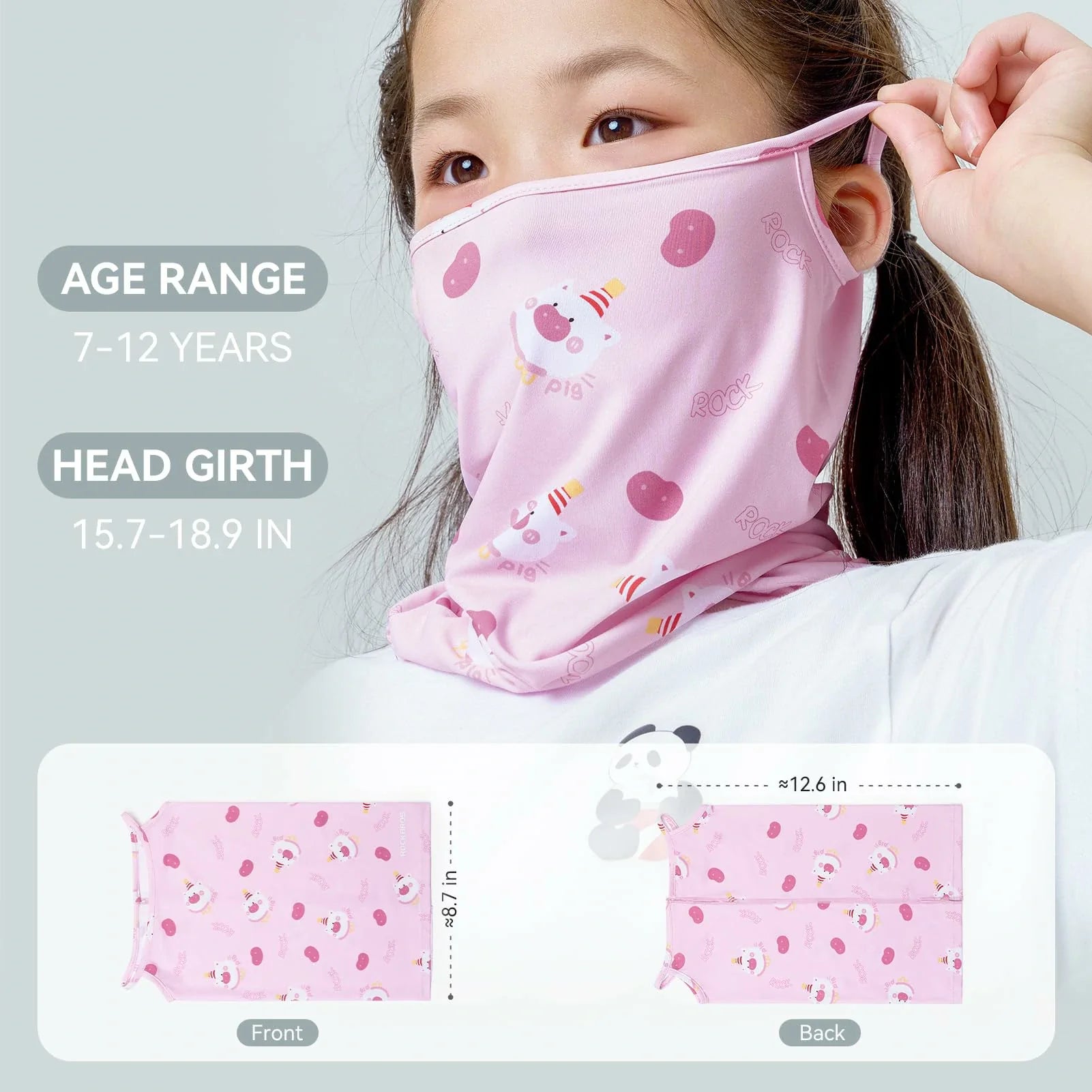 Child wearing a pink neck gaiter with cartoon designs, showing age range and head girth details.