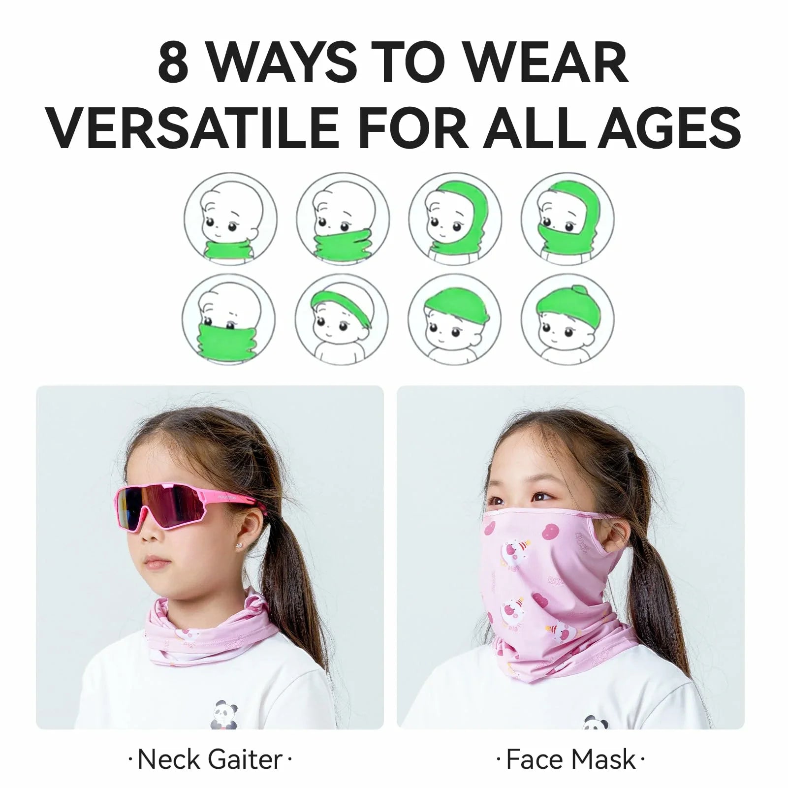 Two children wearing neck gaiters and face masks with text '8 Ways to Wear Versatile for All Ages'.
