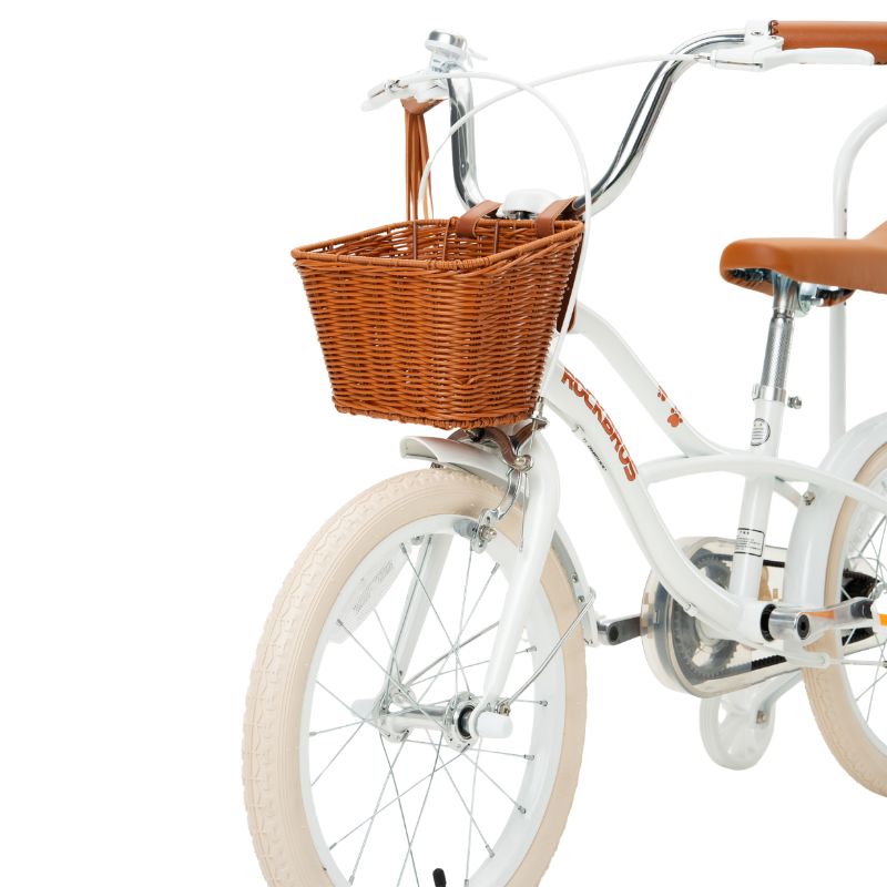 White bicycle with a brown basket on a white background  #color_white