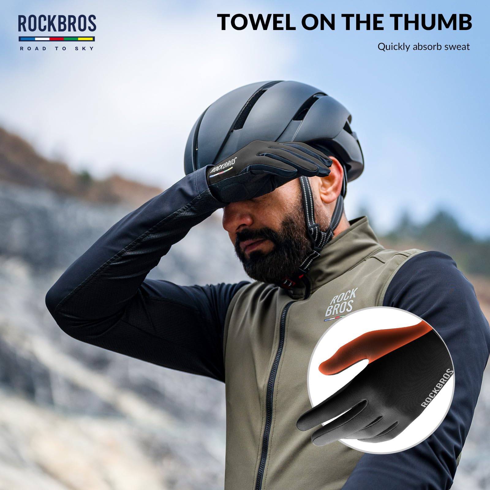 ROCKBROS Road-to-Sky Spring Summer Cycling Gloves Full Finger Touch Screen #Color_Black