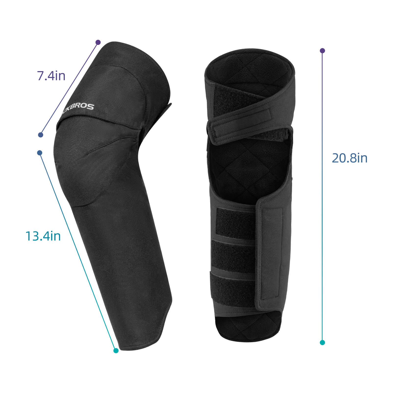 Black shin guards with measurement indicators on a white background #Type_Long
