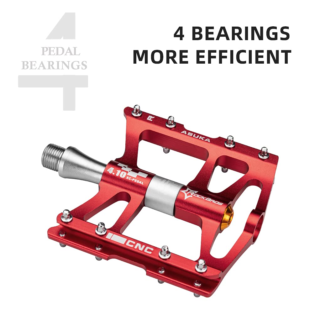 ROCKBROS 4 Bearings Mountain MTB Bike Pedals Platform Flat Aluminum Alloy 9/16" - ROCKBROS #color_red