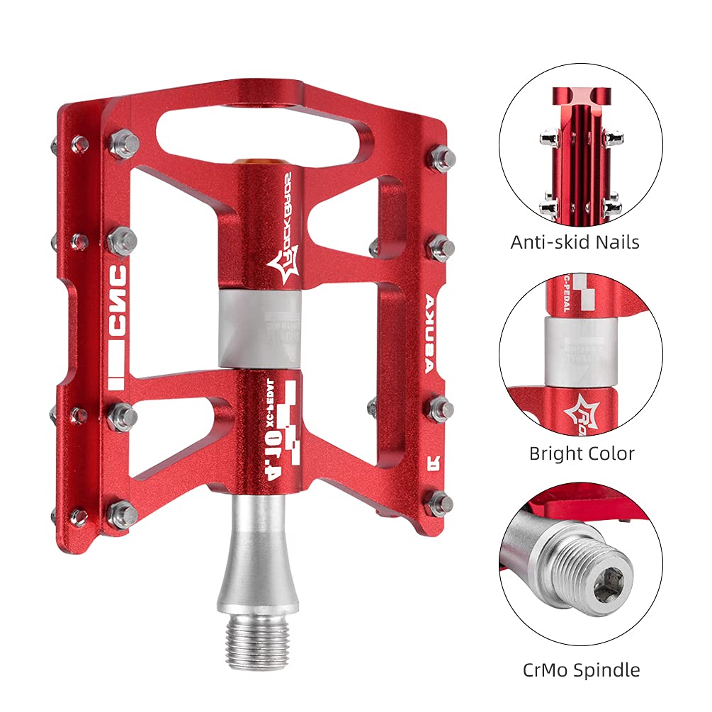 ROCKBROS 4 Bearings Mountain MTB Bike Pedals Platform Flat Aluminum Alloy 9/16" - ROCKBROS #color_red