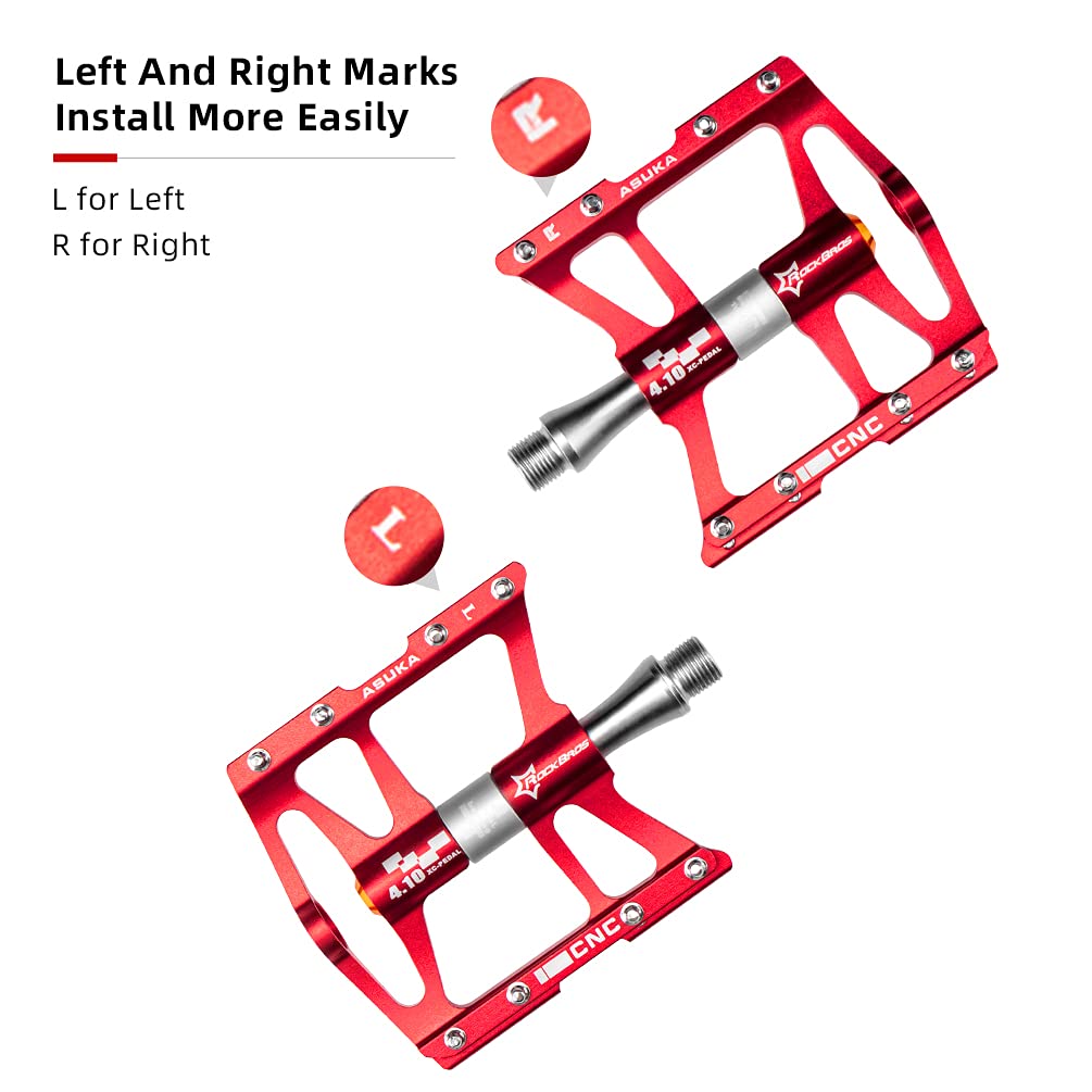 ROCKBROS 4 Bearings Mountain MTB Bike Pedals Platform Flat Aluminum Alloy 9/16" - ROCKBROS #color_red