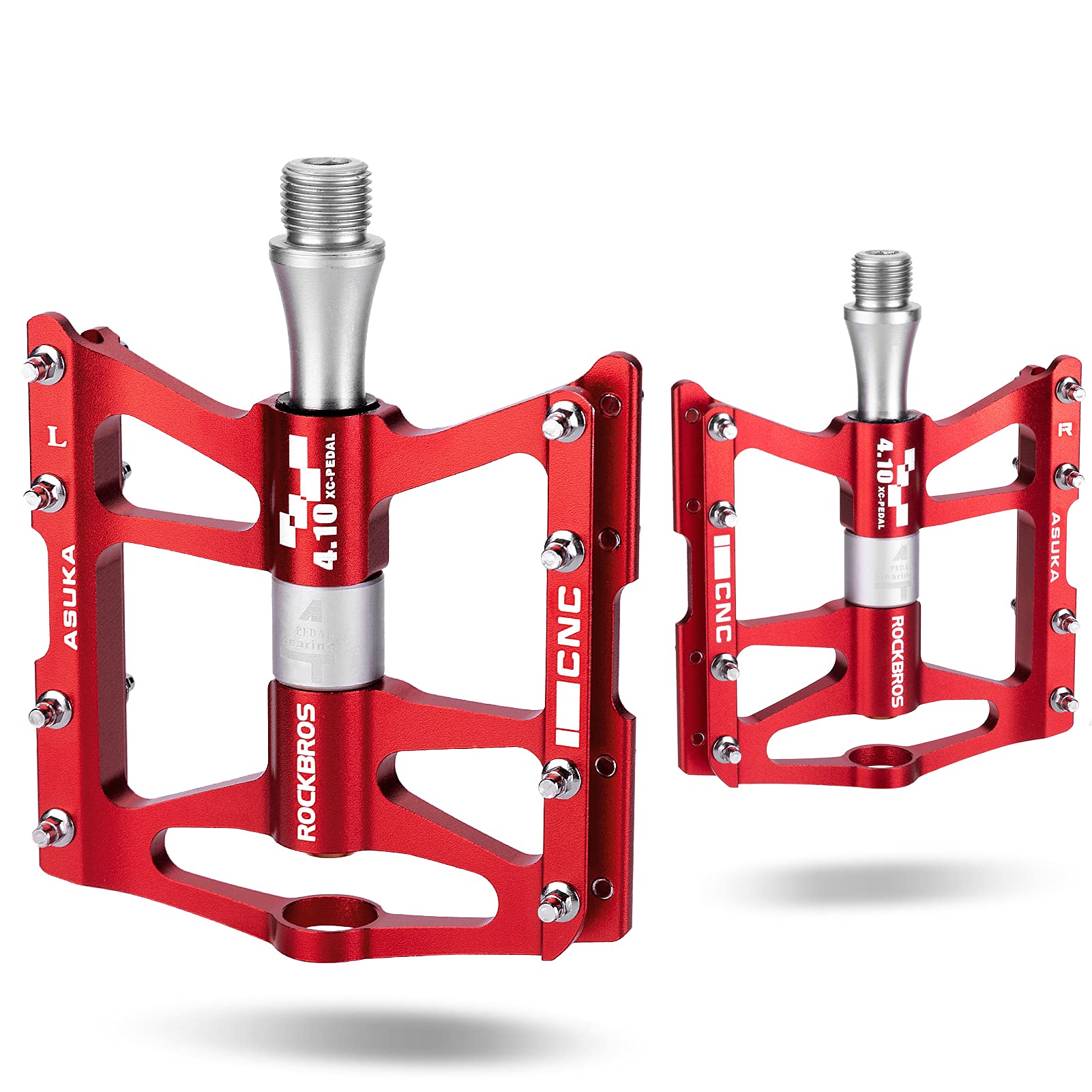 ROCKBROS 4 Bearings Mountain MTB Bike Pedals Platform Flat Aluminum Alloy 9/16" - ROCKBROS #color_red
