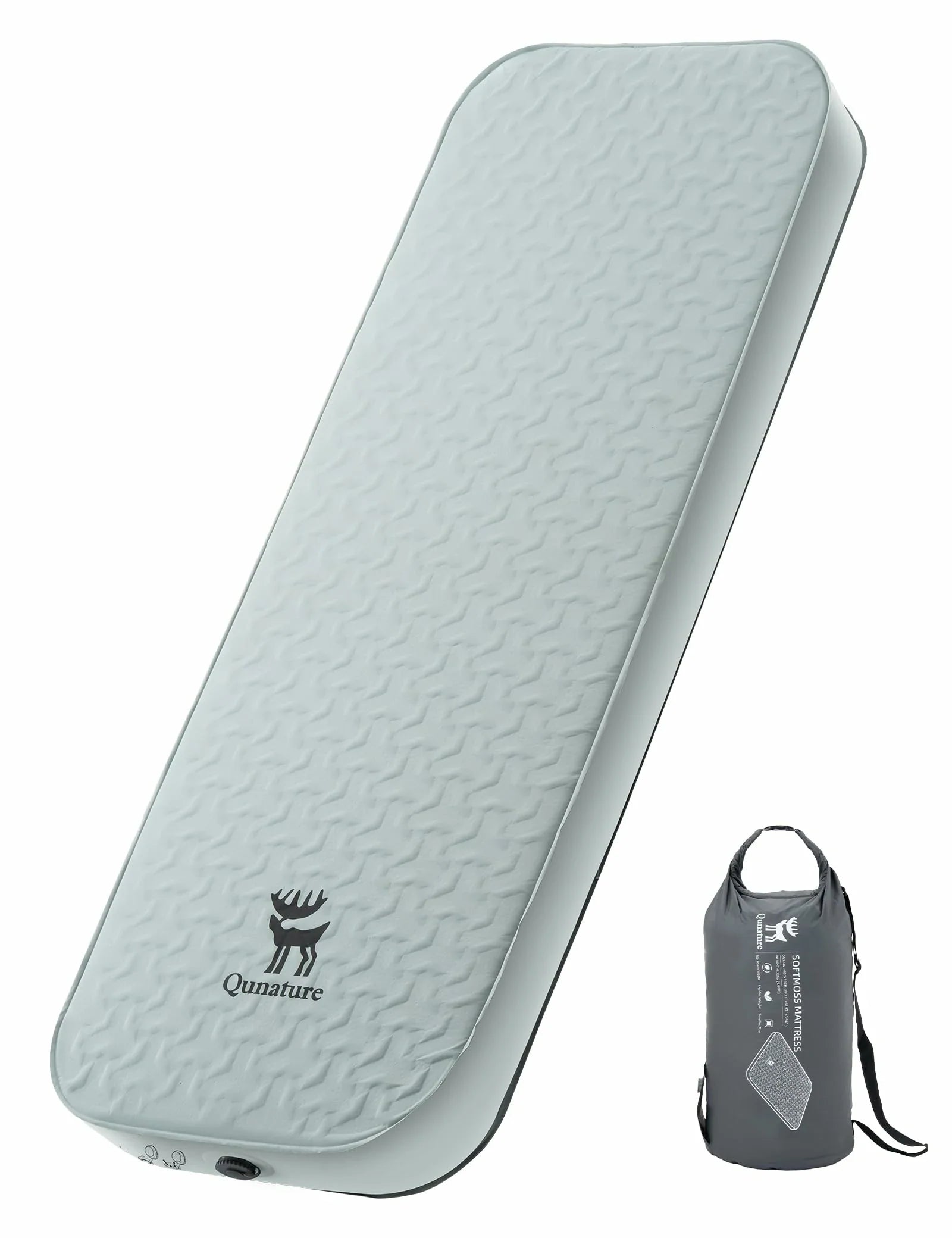 Light gray inflatable mattress with a carrying bag on a white background