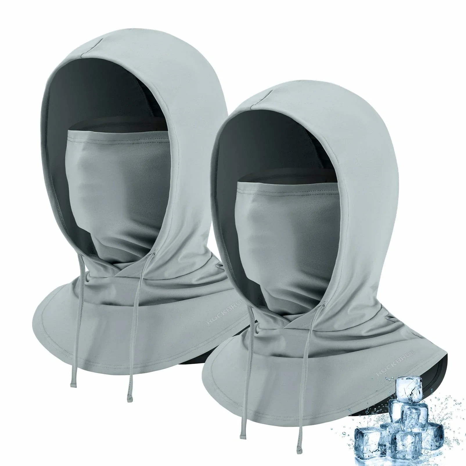 Two gray hooded face coverings with ice cubes on a white background  #Color_Gray*2