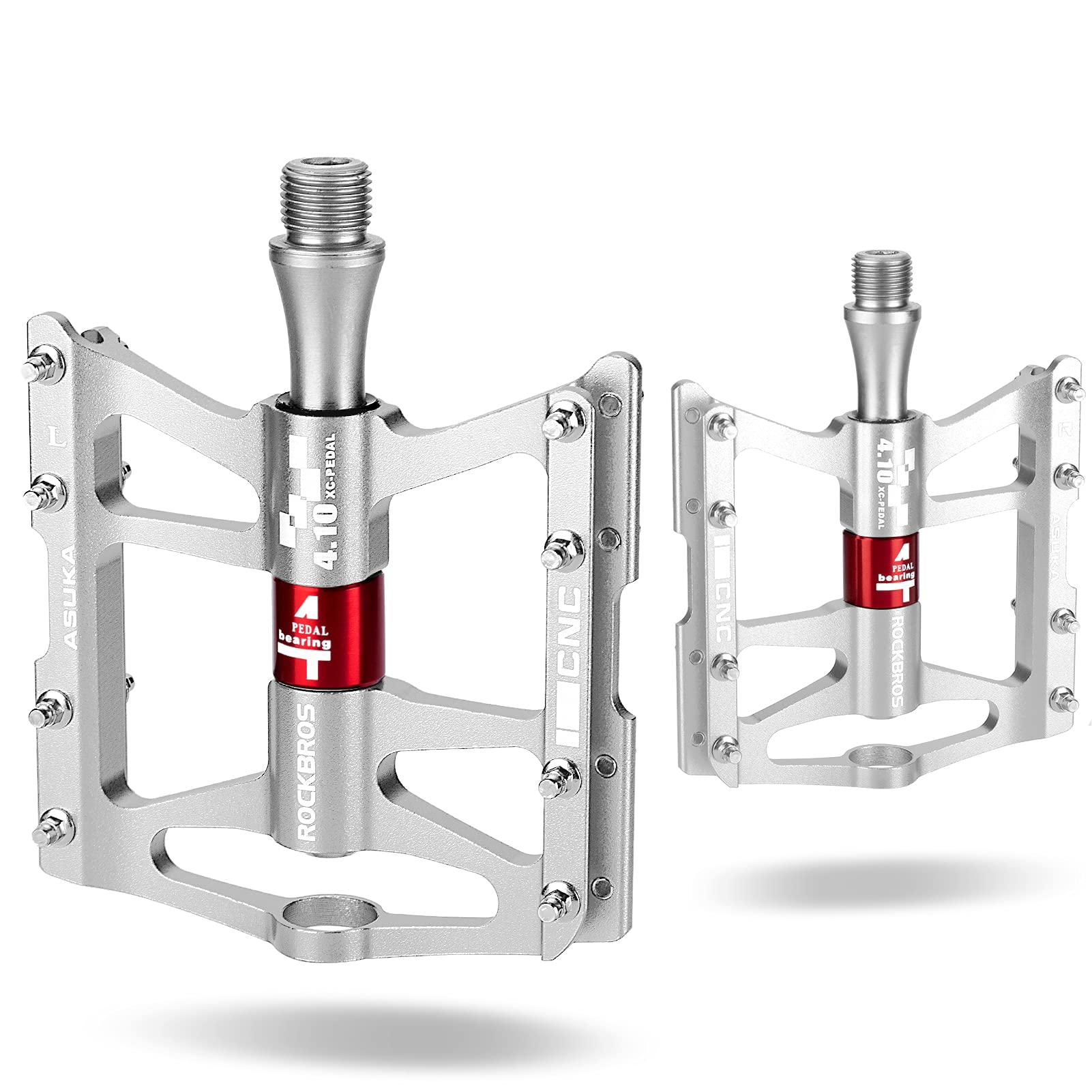 ROCKBROS 4 Bearings Mountain MTB Bike Pedals Platform Flat Aluminum Alloy 9/16" - ROCKBROS #color_Silver