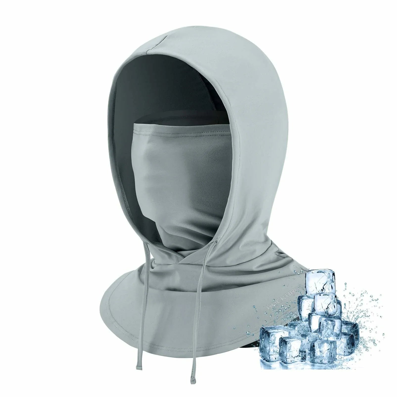 Gray hooded neck gaiter with ice cubes on a white background #Color_Gray