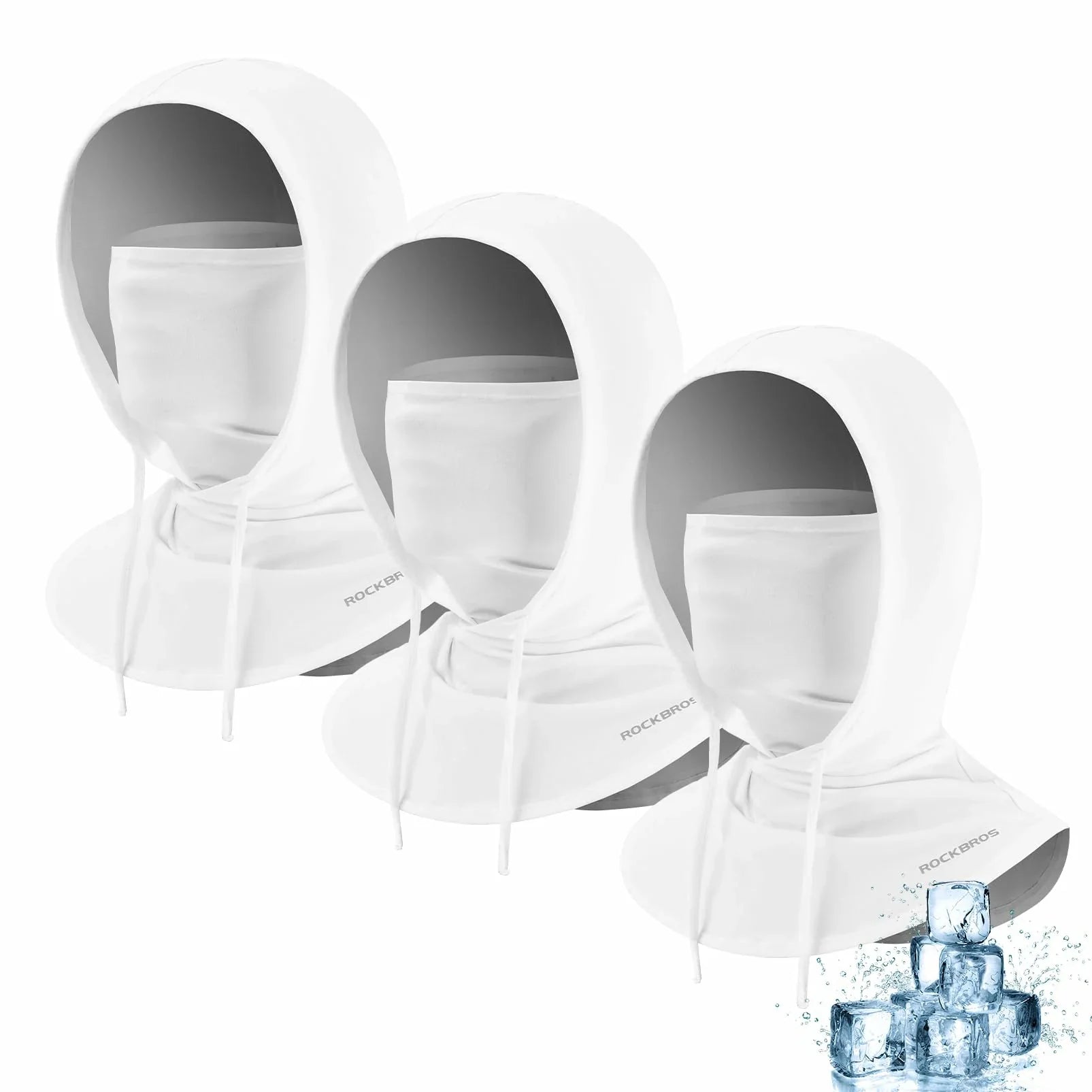 Set of white face masks with a brand logo on a white background, featuring ice cubes for cooling effect. #Color_White*3