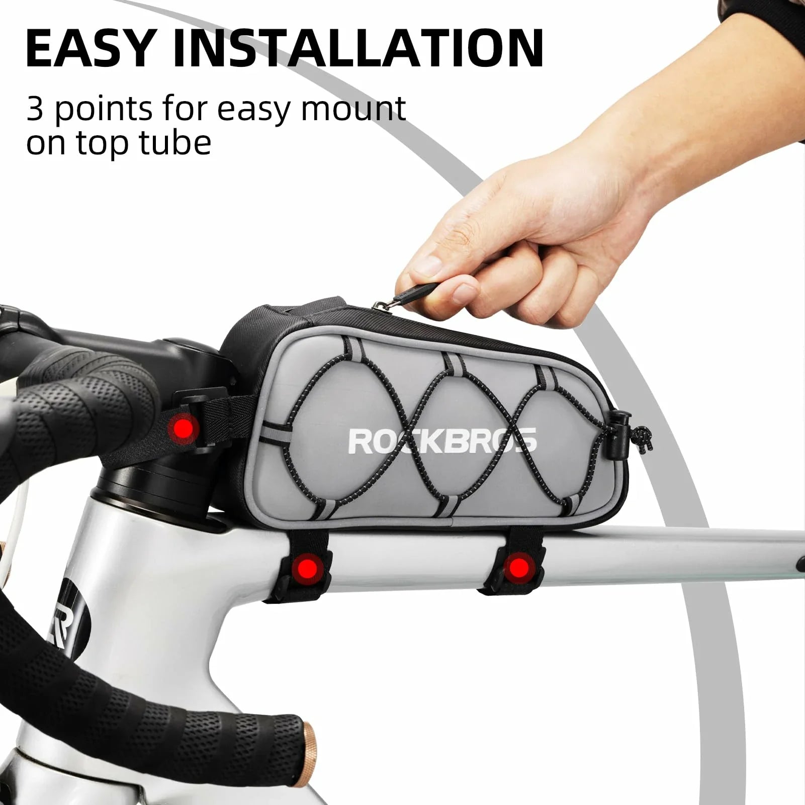 Bicycle frame bag with 'Rockbros' branding being installed on a bike.  #color_silver