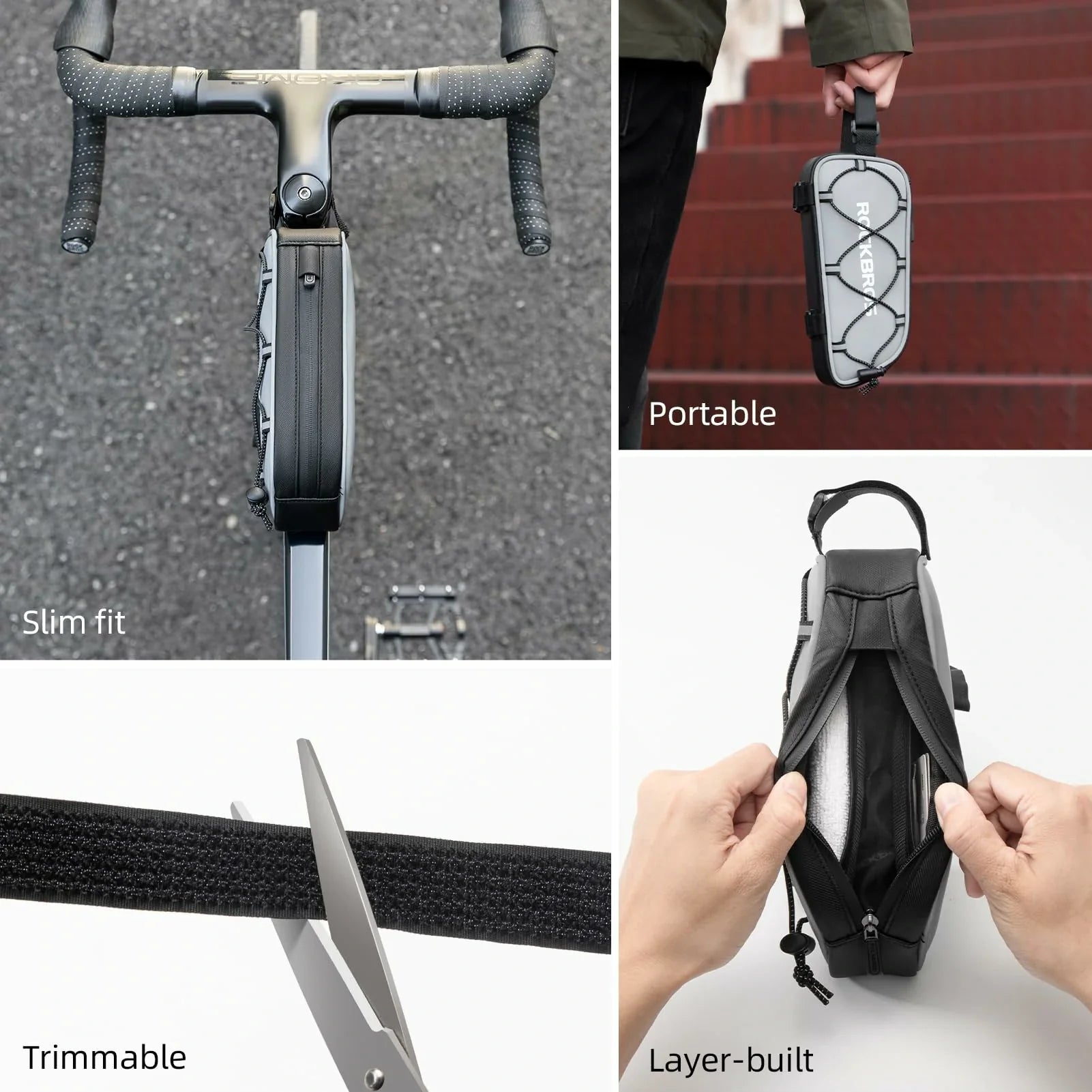 Collage of a bike frame bag with features highlighted.  #color_silver