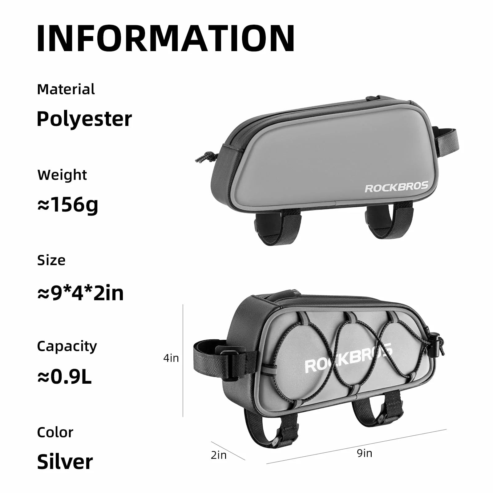 Bicycle frame bag with specifications on a white background  #color_silver