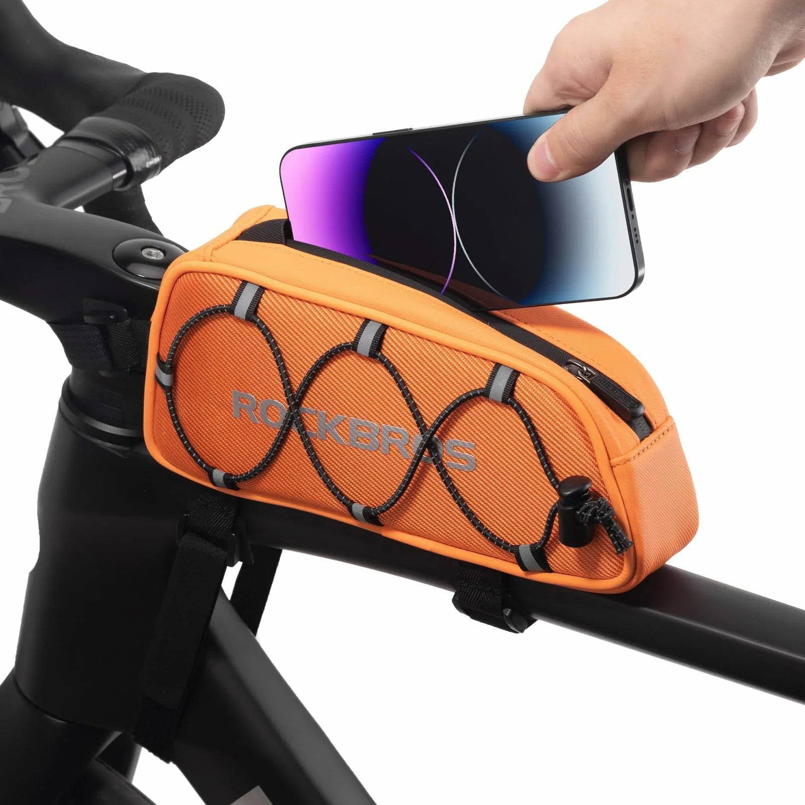 Orange bike handlebar bag with a phone holder attached to a bicycle #color_orange