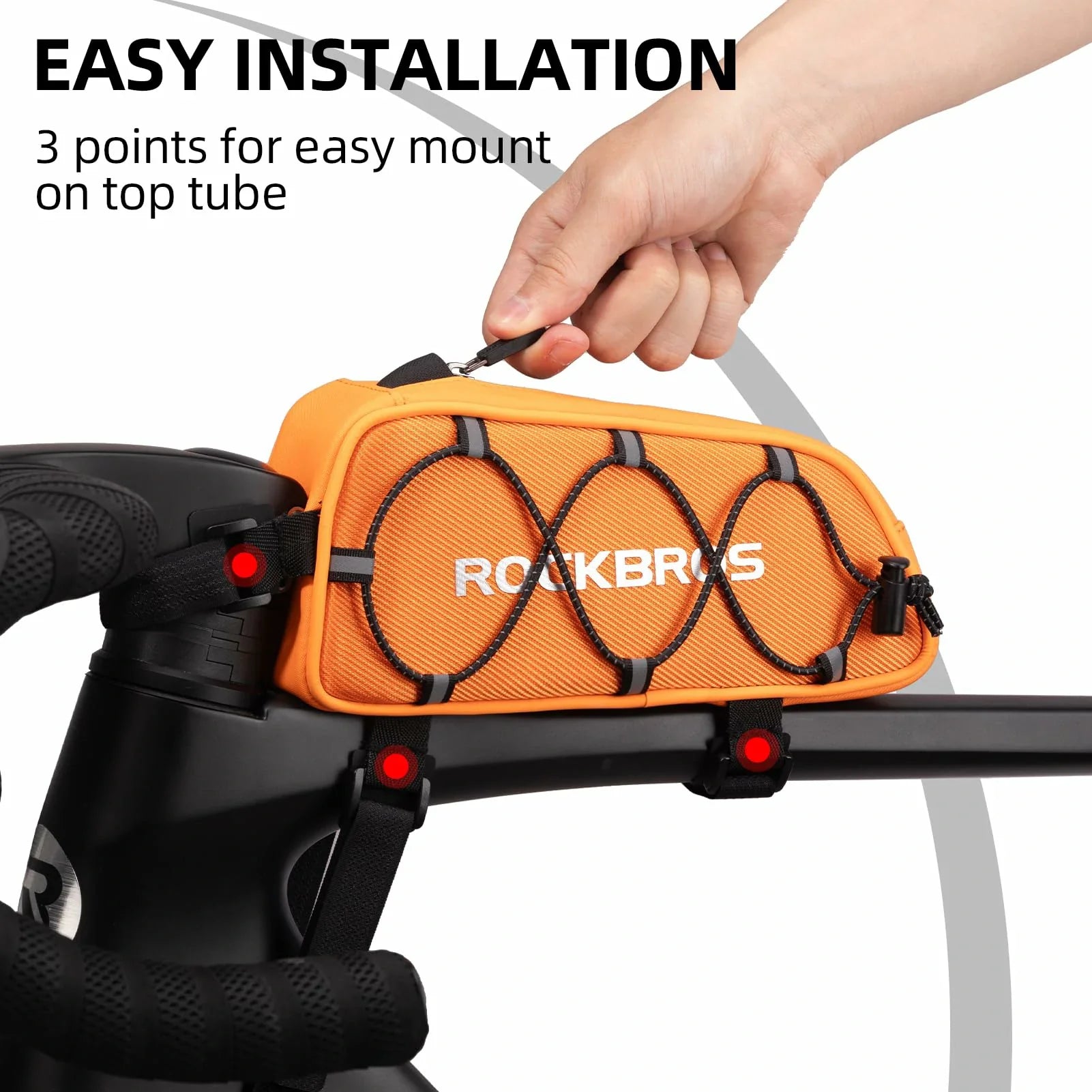 Orange bike bag with 'RockBros' branding being attached to a bicycle handlebar. #color_orange