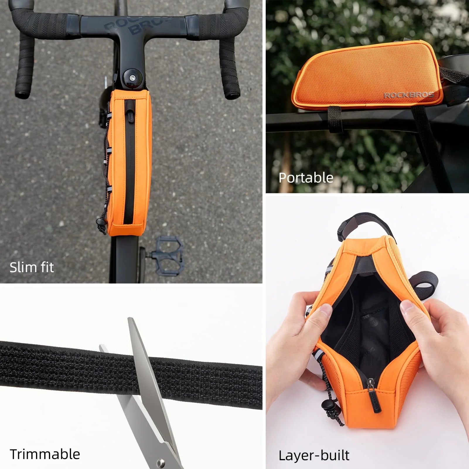 Orange bike frame bag with features highlighted on a collage. #color_orange