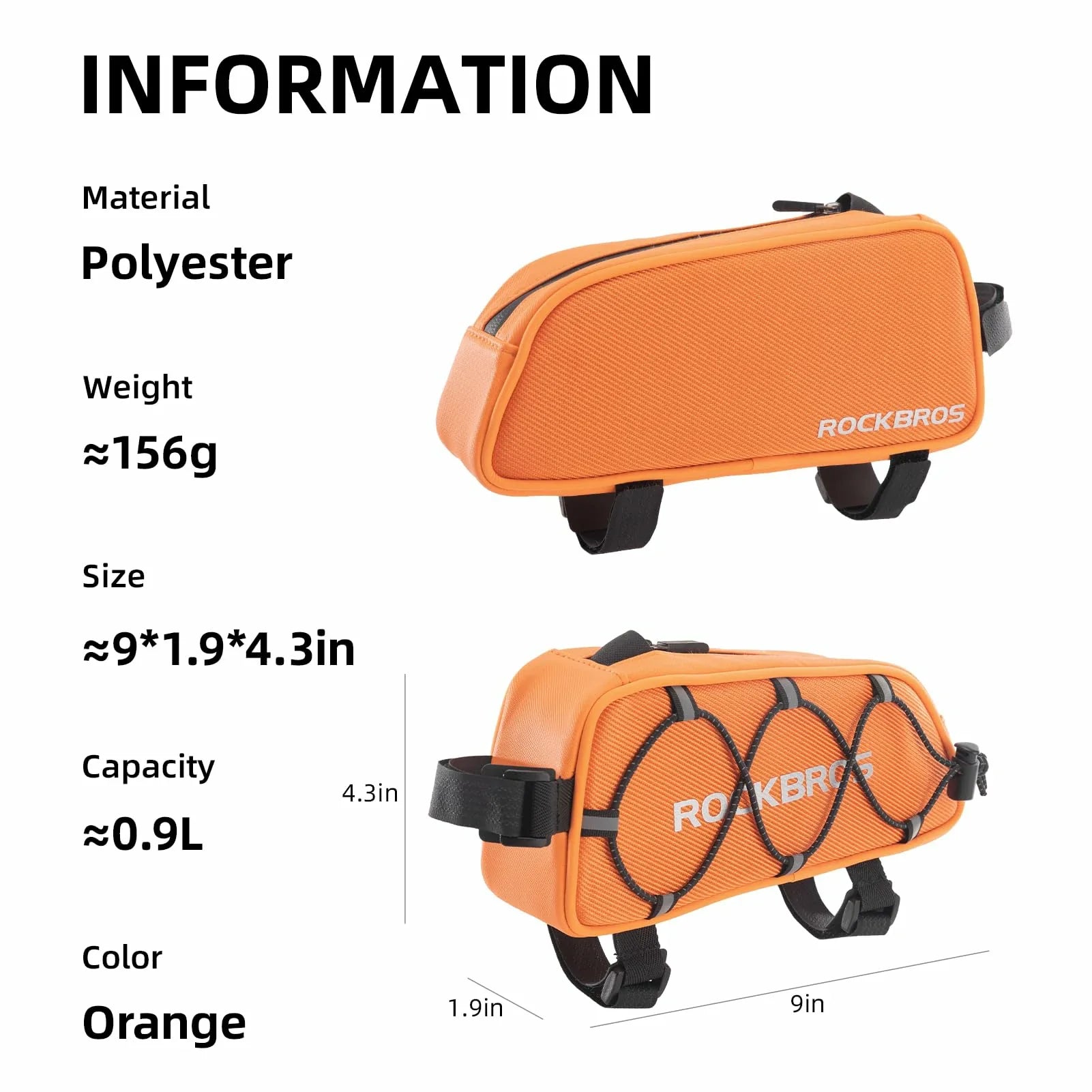 Orange bike frame bag with specifications on a white background  #color_orange