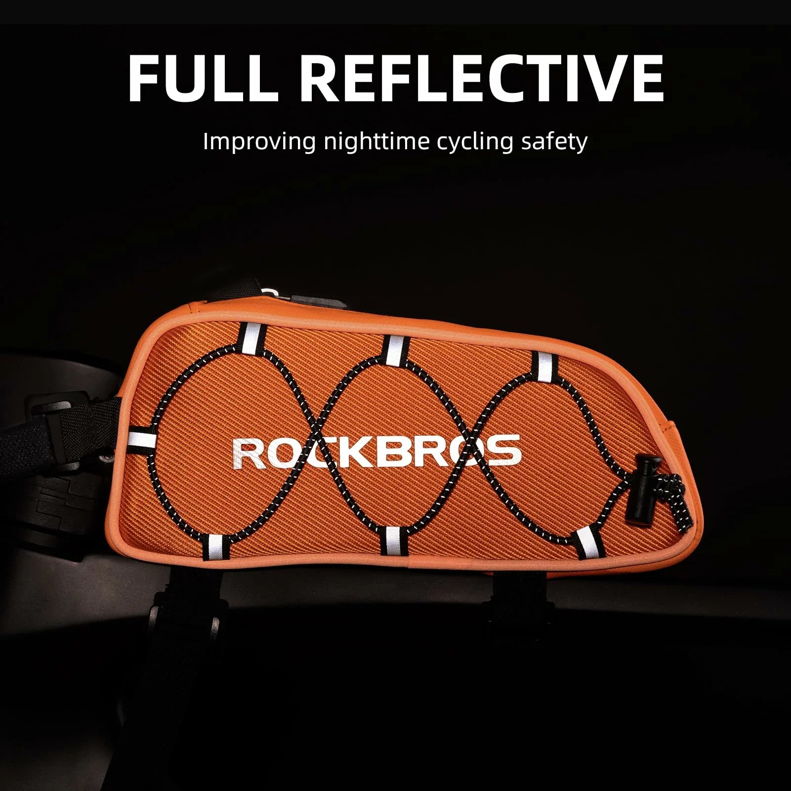 Orange cycling bag with reflective material and 'RockBros' branding on a black background.#color_orange